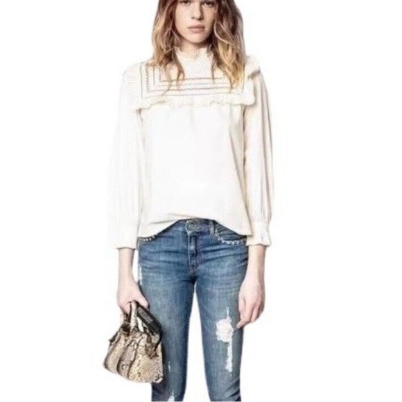 Zadig&Voltaire Women's New Poplin Ruffled High Neck Long Cape Hollow-Out Blouse - Picture 1 of 8